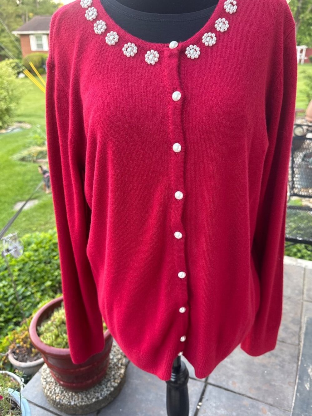 Vintage Appleseeds Bright Red Cardigan Pearl Embellishment